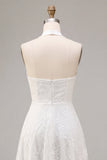 Simple White A Line Halter Neck Midi Wedding Reception Dress