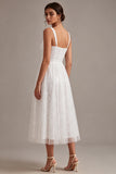 Sparkly White A Line Sequined Thick Straps Midi Engagement Dress
