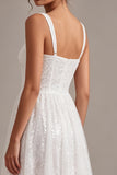 Sparkly White A Line Sequined Thick Straps Midi Engagement Dress
