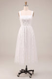 Sparkly White A Line Sequined Thick Straps Midi Engagement Dress