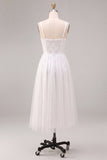 Sparkly White A Line Sequined Thick Straps Midi Engagement Dress