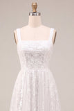 Sparkly White A Line Sequined Thick Straps Midi Engagement Dress