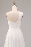 White A Line One Shoulder Ruched Long Wedding Reception Dress