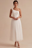 Leely Women White A Line Ruched Long Wedding Reception Dress One Shoulder