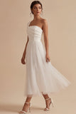White A Line One Shoulder Ruched Long Wedding Reception Dress