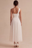 White A Line One Shoulder Ruched Long Wedding Reception Dress