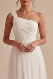 White A Line One Shoulder Ruched Long Wedding Reception Dress