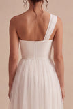 White A Line One Shoulder Ruched Long Wedding Reception Dress
