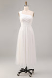White A Line One Shoulder Ruched Long Wedding Reception Dress