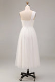 White A Line One Shoulder Ruched Long Wedding Reception Dress