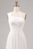 White A Line One Shoulder Ruched Long Wedding Reception Dress