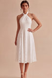 White A Line Halter Neck Midi Wedding Reception Dress with Lace