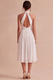 White A Line Halter Neck Midi Wedding Reception Dress with Lace