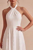 White A Line Halter Neck Midi Wedding Reception Dress with Lace