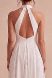 White A Line Halter Neck Midi Wedding Reception Dress with Lace