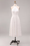 White A Line Halter Neck Midi Wedding Reception Dress with Lace