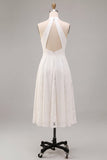 White A Line Halter Neck Midi Wedding Reception Dress with Lace