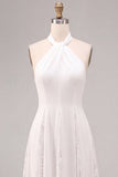 White A Line Halter Neck Midi Wedding Reception Dress with Lace