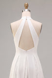 White A Line Halter Neck Midi Wedding Reception Dress with Lace