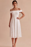 White A Line Off the Shoulder Midi Wedding Reception Dress with Lace