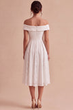 White A Line Off the Shoulder Midi Wedding Reception Dress with Lace
