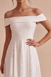 White A Line Off the Shoulder Midi Wedding Reception Dress with Lace