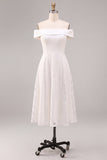 White A Line Off the Shoulder Midi Wedding Reception Dress with Lace