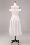 White A Line Off the Shoulder Midi Wedding Reception Dress with Lace