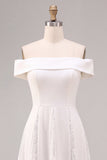 White A Line Off the Shoulder Midi Wedding Reception Dress with Lace