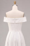 White A Line Off the Shoulder Midi Wedding Reception Dress with Lace