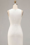 White Satin Sheath Round Neck Long Engagement Dress with Slit