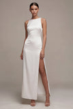 White Satin Sheath Round Neck Long Engagement Dress with Slit