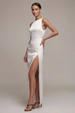 White Satin Sheath Round Neck Long Engagement Dress with Slit