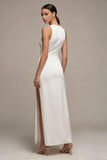 White Satin Sheath Round Neck Long Engagement Dress with Slit