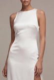 White Satin Sheath Round Neck Long Engagement Dress with Slit