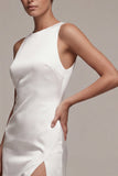 White Satin Sheath Round Neck Long Engagement Dress with Slit