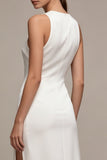 White Satin Sheath Round Neck Long Engagement Dress with Slit