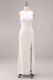 White Satin Sheath Round Neck Long Engagement Dress with Slit