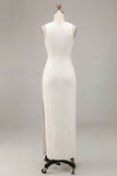 White Satin Sheath Round Neck Long Engagement Dress with Slit