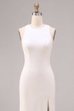 White Satin Sheath Round Neck Long Engagement Dress with Slit