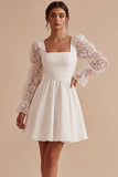 White A Line Square Neck Puff Sleeves Short Bridal Shower Dress with Lace
