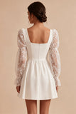 White A Line Square Neck Puff Sleeves Short Bridal Shower Dress with Lace