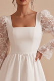 White A Line Square Neck Puff Sleeves Short Bridal Shower Dress with Lace