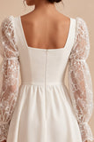 White A Line Square Neck Puff Sleeves Short Bridal Shower Dress with Lace