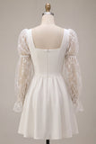 White A Line Square Neck Puff Sleeves Short Bridal Shower Dress with Lace