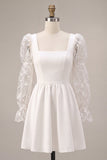White A Line Square Neck Puff Sleeves Short Bridal Shower Dress with Lace