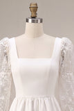 White A Line Square Neck Puff Sleeves Short Bridal Shower Dress with Lace