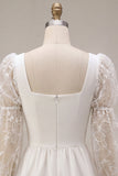 White A Line Square Neck Puff Sleeves Short Bridal Shower Dress with Lace