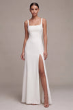 Simple White Satin A Line Thick Straps Long Engagement Dress with Slit