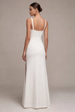 Simple White Satin A Line Thick Straps Long Engagement Dress with Slit